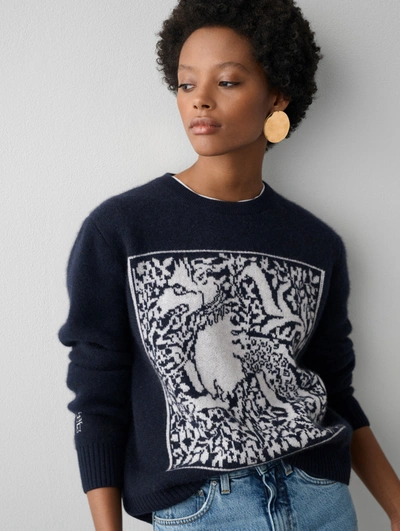 Shop White + Warren Cashmere Dragon Tapestry Crewneck Top In Navy Blue Combo