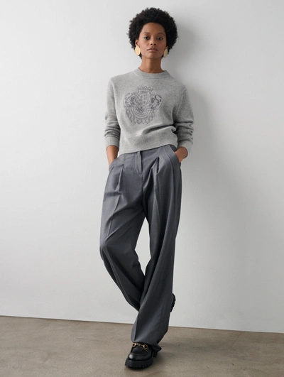 Shop White + Warren Cashmere Coat Of Arms Embroidered Crewneck Top In Grey Combo