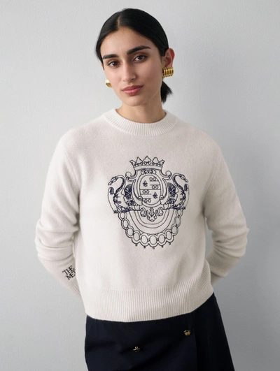 Shop White + Warren Cashmere Coat Of Arms Embroidered Crewneck Top In Soft White Combo