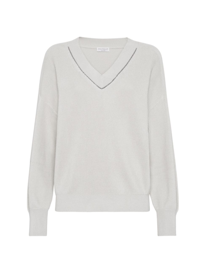Shop Brunello Cucinelli Women's Cotton English Rib Sweater With Shiny Neckline In Ivory Grey
