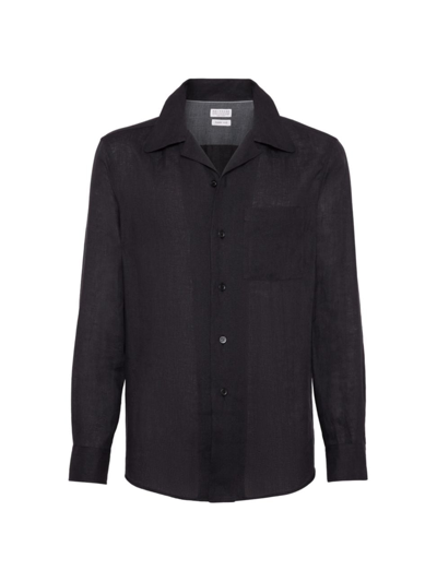 Shop Brunello Cucinelli Men's Linen Easy Fit Shirt With Camp Collar And Chest Pocket In Black