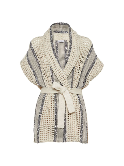 Shop Brunello Cucinelli Women's Dazzling Stripe Net Knit Cardigan In Jute, Linen, Cotton And Silk With Belt In Beige Multi