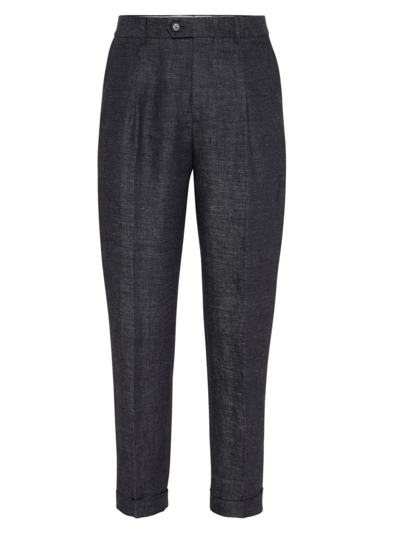 Shop Brunello Cucinelli Men's Denim Effect Linen Leisure Fit Trousers With Pleat In Black