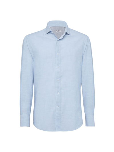 Shop Brunello Cucinelli Men's Lightweight Oxford Slim Fit Shirt With Spread Collar In Sky Blue