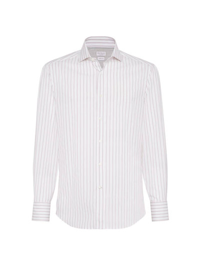 Shop Brunello Cucinelli Men's Textured Striped Cotton Slim Fit Shirt With Spread Collar In Red
