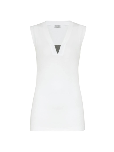 Shop Brunello Cucinelli Women's Stretch Cotton Ribbed Jersey Top With Precious Insert In White