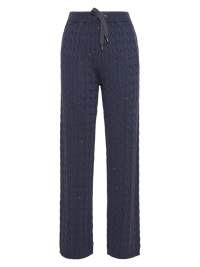 Shop Brunello Cucinelli Women's Cotton Dazzling Cables Knit Trousers In Blue