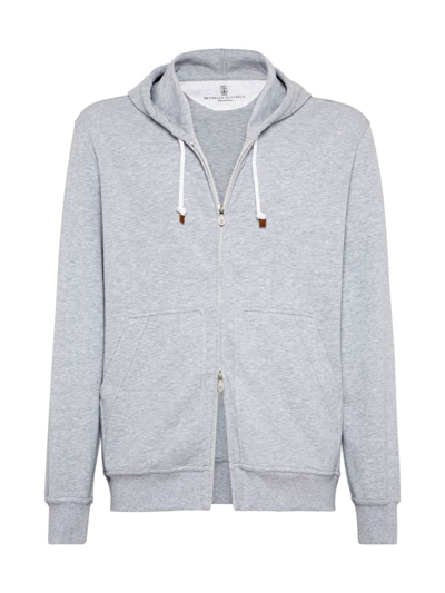 Shop Brunello Cucinelli Men's Techno Cotton French Terry Hooded Sweatshirt With Zipper In Grey
