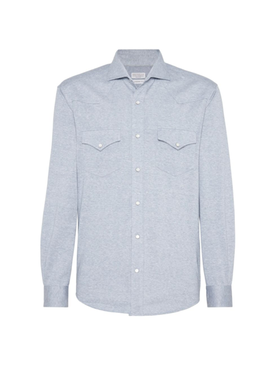 Shop Brunello Cucinelli Men's Linen And Cotton Jersey Western Shirt In Sky Blue