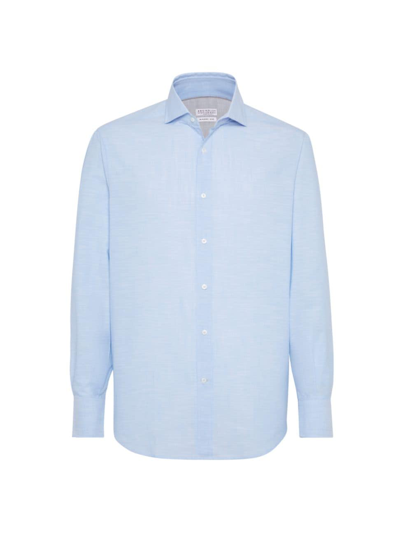 Shop Brunello Cucinelli Men's Lightweight Oxford Basic Fit Shirt With Spread Collar In Sky Blue
