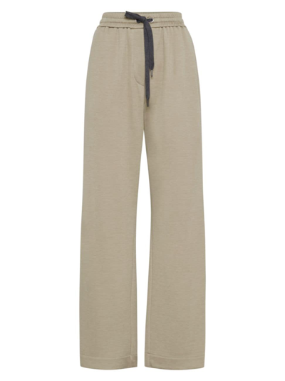 Shop Brunello Cucinelli Women's Comfort Cotton And Silk Interlock Wide Trousers With Precious Stripe In Green