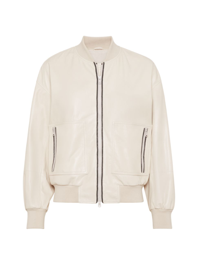 Shop Brunello Cucinelli Women's Nappa Leather Bomber Jacket With Shiny Trims In Chalk