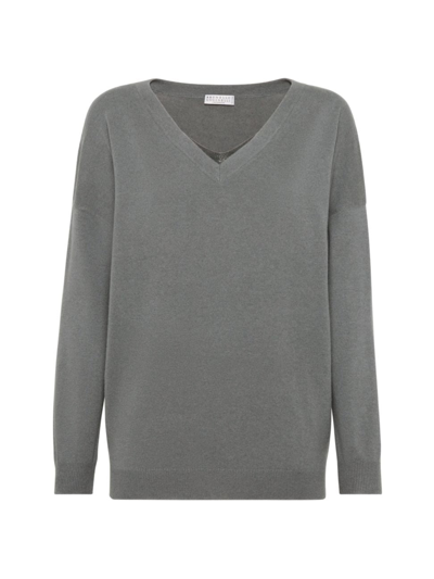 Shop Brunello Cucinelli Women's Cashmere Sweater With Shiny Collar Detail In Grey