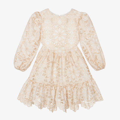 Shop Marlo Girls Gold Embroidered Floral Dress In Ivory