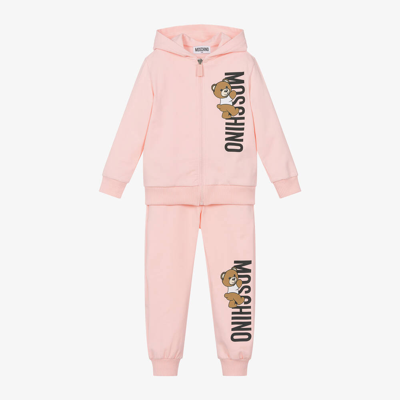 Shop Moschino Kid-teen Girls Pink Cotton Hooded Tracksuit