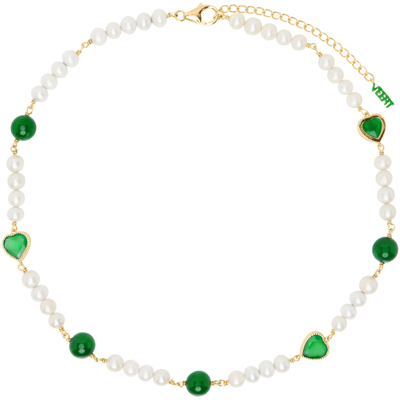 Shop Veert White & Gold 'green Onyx Freshwater Pearl' Necklace In Pearl/green