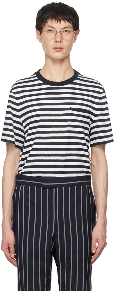 Shop Thom Browne Navy Striped Pocket T-shirt In 415 Navy