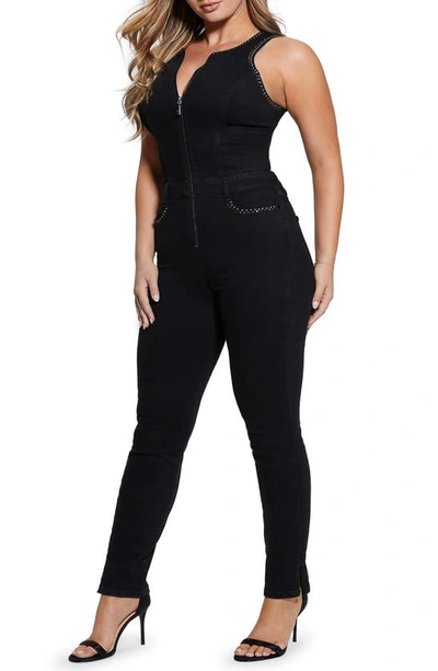 Shop Guess Conchita Zip-up Denim Jumpsuit In Black