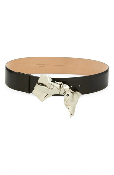 Shop Alexander Mcqueen Metal Bow Calfskin Leather Belt In Black