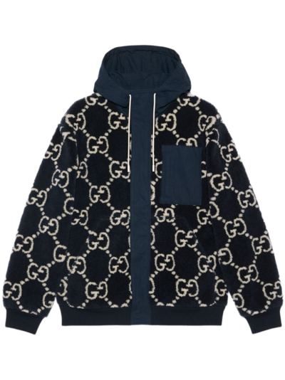Shop Gucci Gg-jacquard Hooded Jacket - Men's - Polyester/wool/cotton In Blue