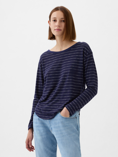 Shop Gap Linen-blend Boatneck T-shirt In Navy Blue & White Stripe