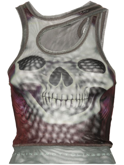 Shop Ottolinger Skull Print Mesh Tank Top In Grey