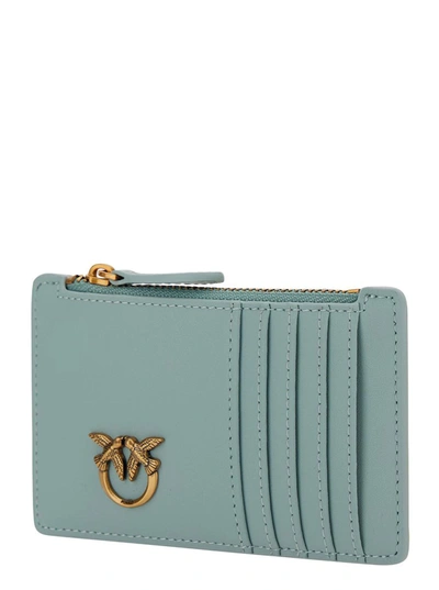 Shop Pinko 'airone' Light Blue Card-holder With Logo Patch In Leather Woman