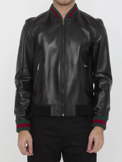 Shop Gucci Leather Bomber Jacket In Black