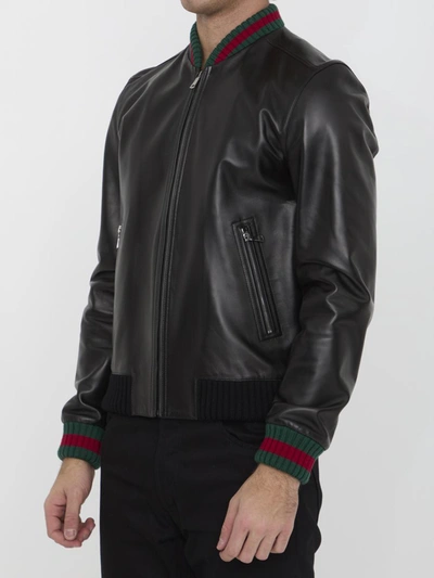 Shop Gucci Leather Bomber Jacket In Black