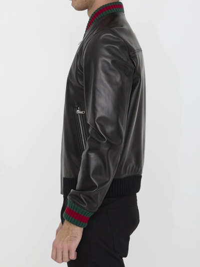 Shop Gucci Leather Bomber Jacket In Black