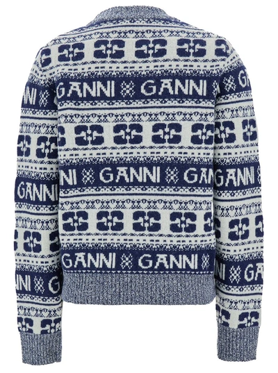 Shop Ganni Blue And White Sweater With Jacquard Logo Motif In Wool Woman In Grey