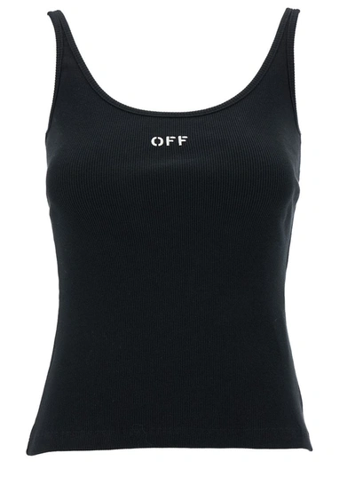 Shop Off-white Black Ribbed Tank Top With Contrasting Logo Embroidery In Stretch Cotton Woman