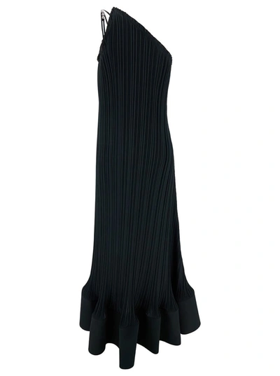 Shop Lanvin Maxi Black One-shoulder Pleated Dress With Beads In Crêpe De Chine Woman