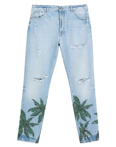 Palm Angels Man Jeans Blue Size 33 Cotton, Soft Leather In Blue