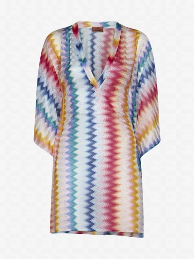 Shop Missoni Striped Lame' Knit Mini Kaftan In White,multicolor