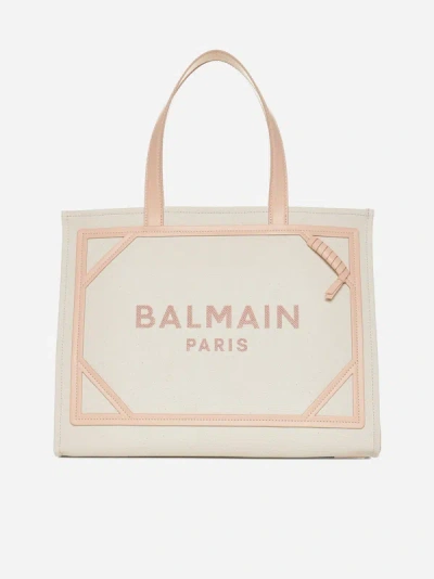 Shop Balmain B-army Canvas Medium Tote Bag In Cream,nude Rose'