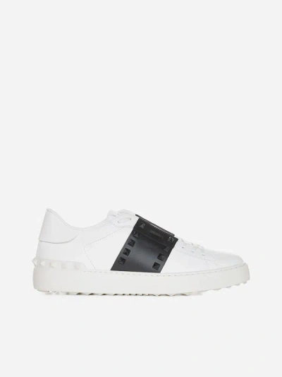 Shop Valentino Rockstud Untitled Leather Sneakers In White,black