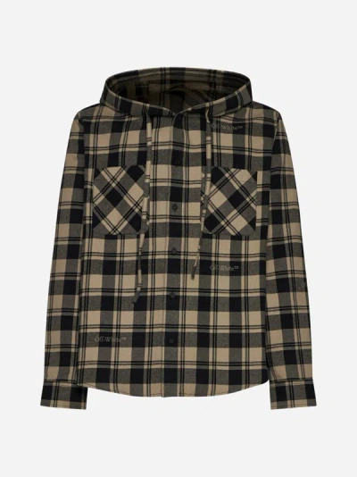 Shop Off-white Check Flannel Hooded Shirt In Beige,black