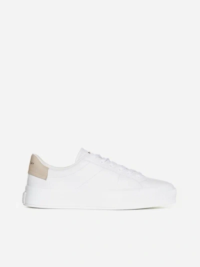 Shop Givenchy City Sport Leather Sneakers In White,beige