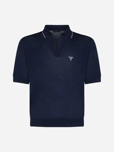 Shop Prada Silk And Cotton Polo Shirt In Blue