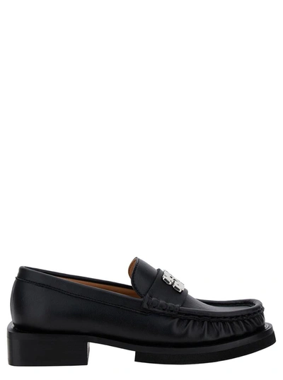Shop Ganni 'butterfly' Black Loafers With Logo Detail In Leather Woman