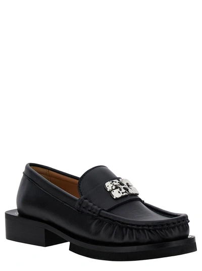 Shop Ganni 'butterfly' Black Loafers With Logo Detail In Leather Woman