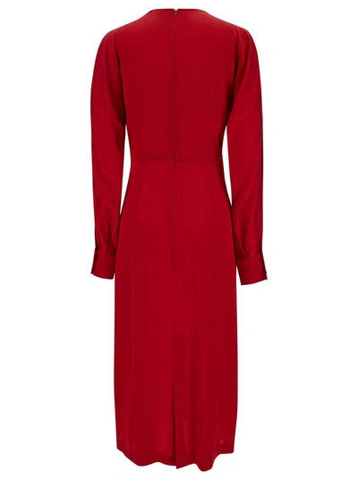 Shop Semicouture Midi Red V Neck Dress With Long Sleeve In Acetate And Silk Blend Woman