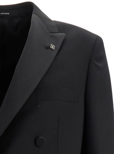 Tagliatore Black Double-breasted Tuxedo Suit With Covered Buttons In Black