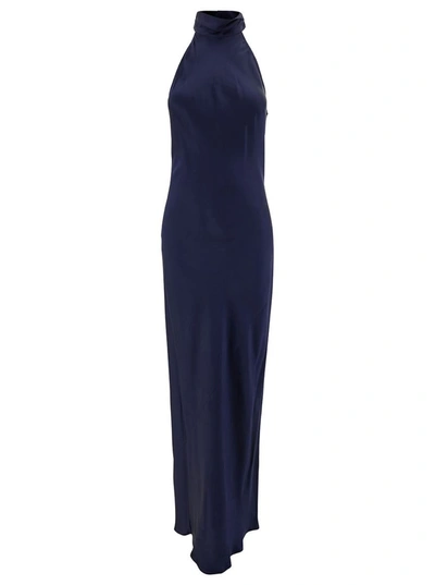 Shop Semicouture 'elisha' Long Blue Dress With Halterneck In Acetate And Silk Blend Woman