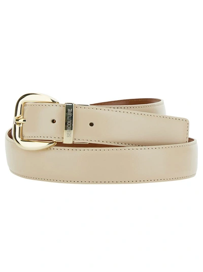 Shop Semicouture 'gea' Light Beige Belt With Engraved Logo In Leather Woman In White