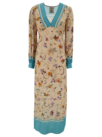 Shop Semicouture 'giovanna' Long Light Blue And Beige Dress With Floreal Print In Viscose Woman In Multicolor