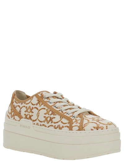 Shop Pinko White And Gold Platform Sneakers With Love Birds Monogram In Canvas Woman In Beige