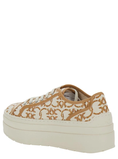 Shop Pinko White And Gold Platform Sneakers With Love Birds Monogram In Canvas Woman In Beige