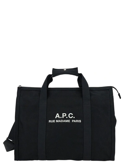 Shop Apc Black Gym Bag With Contrasting Logo Print In Cotton Man